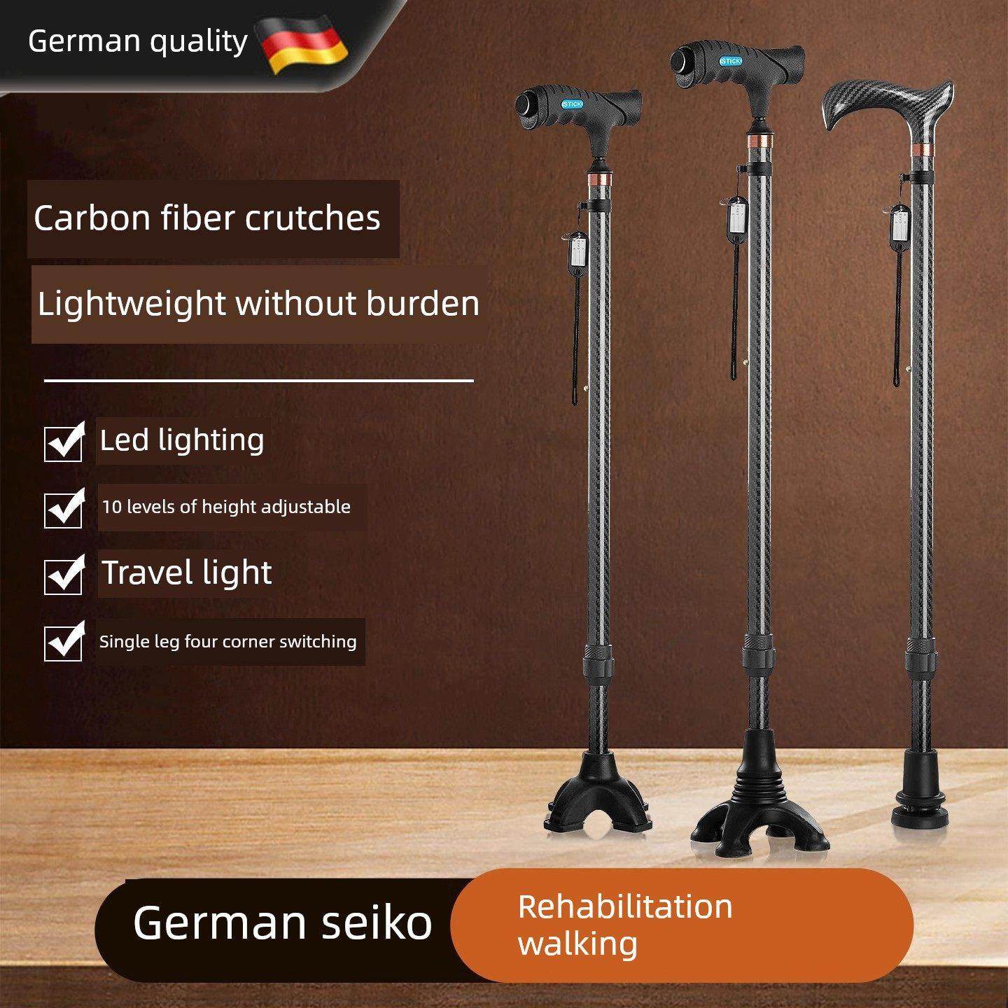 德国碳纤维老人拐杖，防滑，超轻伸缩拐杖，四腿多功能老人拐杖，