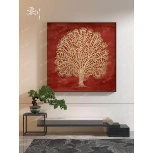 新中式红色轻奢发财树高级感玄关客厅装饰画背景墙壁画方形挂画