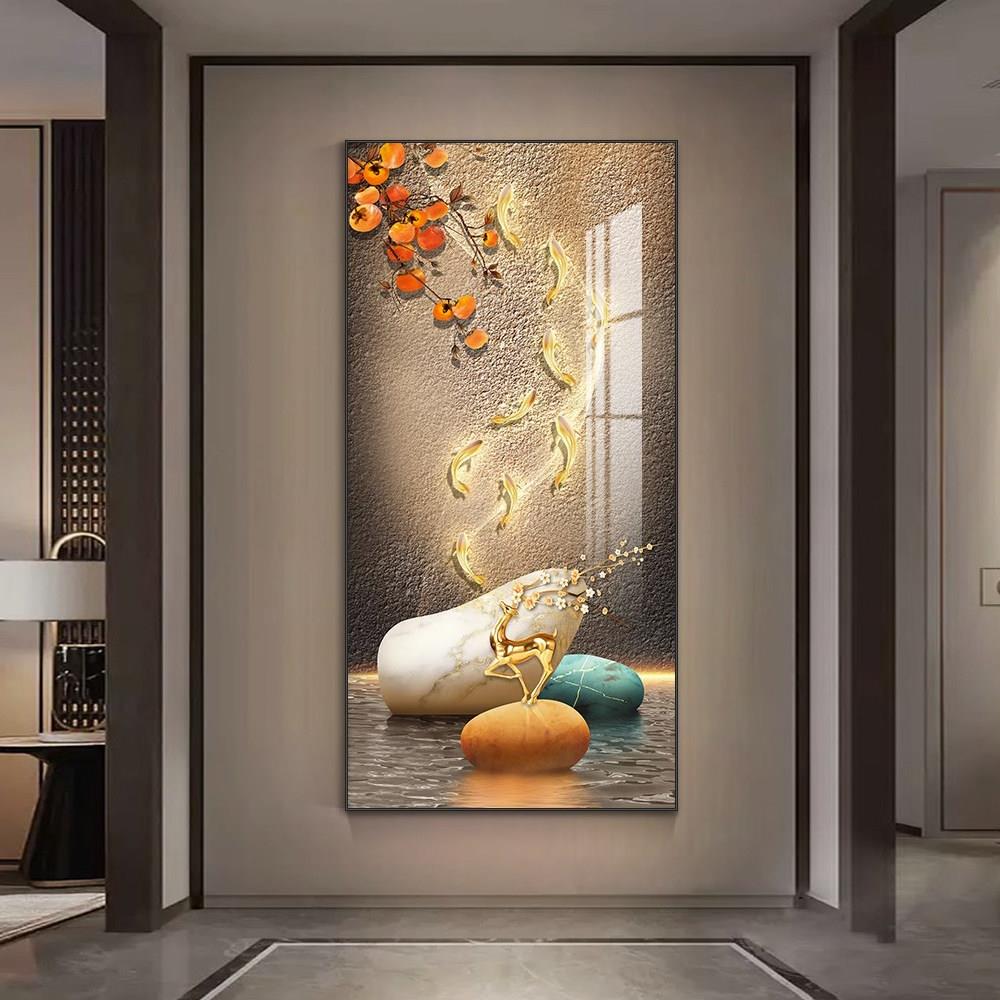 轻奢九鱼图玄关装饰画晶瓷镶钻走廊过道招财竖版挂画现代简约壁画