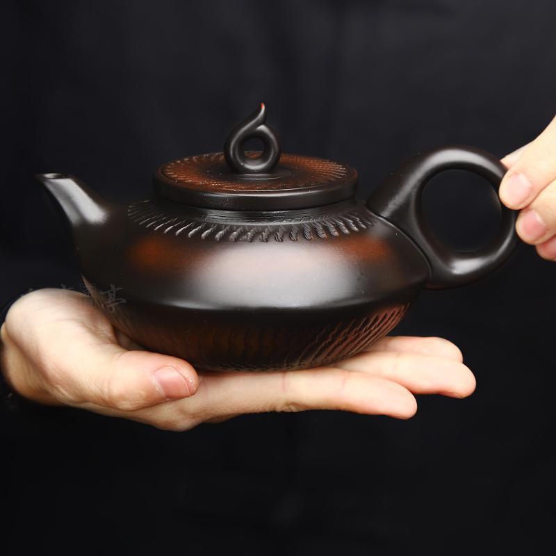 云南紫陶原矿跳刀纯手工茶壶复古泡茶壶功夫茶具家用虚扁茶壶