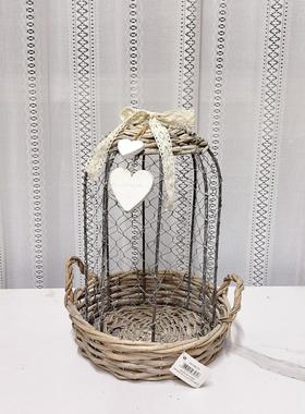 特价！外贸出口复古做旧铁艺园艺装饰花罩柳编托盘花艺绿植装饰件