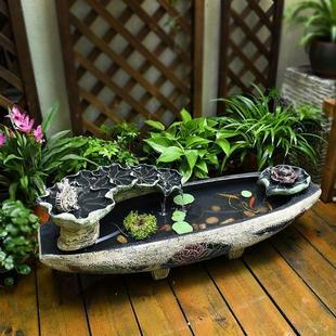 庭院花园荷花船倒流水摆件循环流水鱼缸新中式 饰 水景摆件造景装