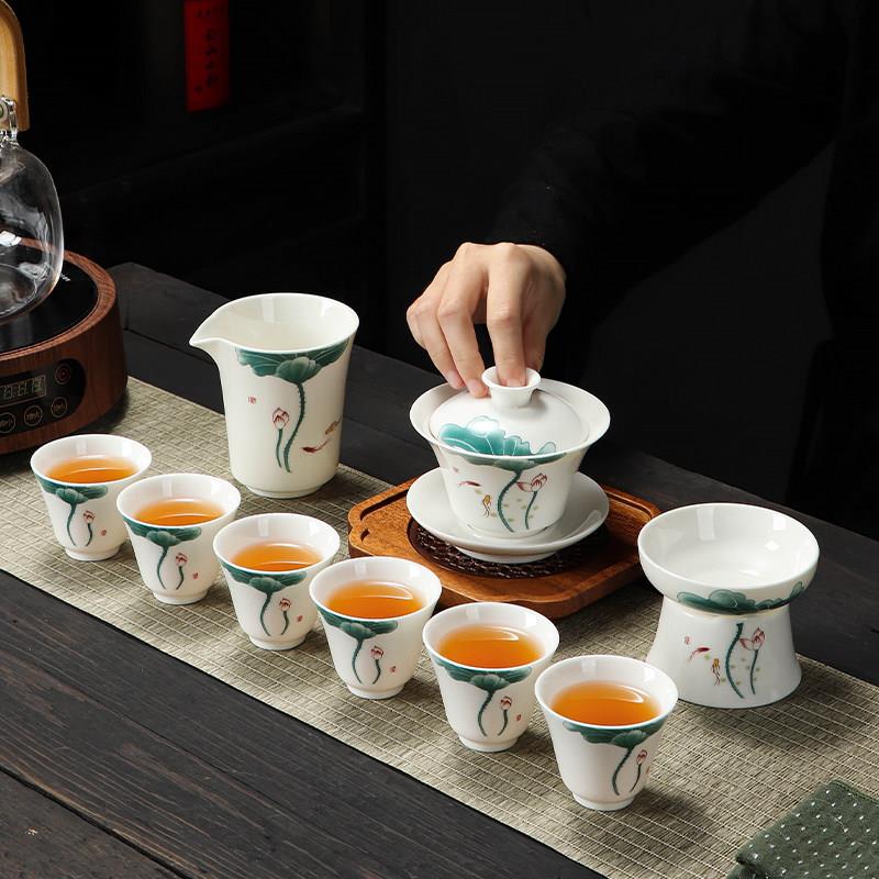 羊脂玉白瓷盖碗茶杯套装荷花功夫茶具陶瓷家用办公室高端轻奢送礼
