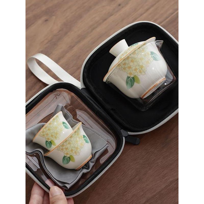 绣球花陶瓷旅行轻饮快客杯功夫茶具整套盖碗户外便携式车载茶杯