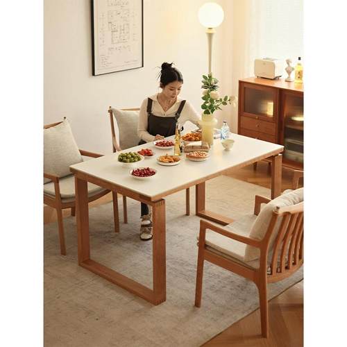 北欧实木石板餐桌樱桃木餐桌工作台日式小公寓家庭长桌子原木大桌