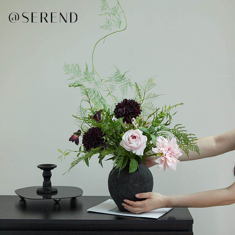 紫雾柔粉仿真花玫瑰大丽花组合黑色花瓶现代简约装饰假花玄关摆件
