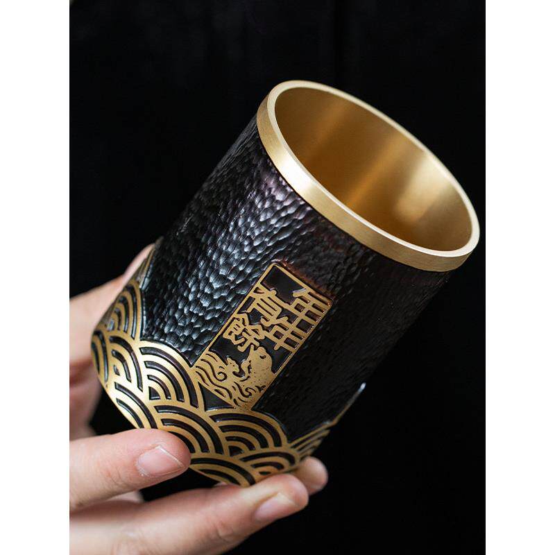 高档纯黄铜茶筒笔筒茶道六君子单筒茶具配件文房用品办公桌面摆件
