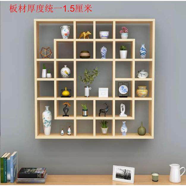 橡胶木墙上置物架实木格子架壁挂收纳柜茶壶展示架吧台创意格架