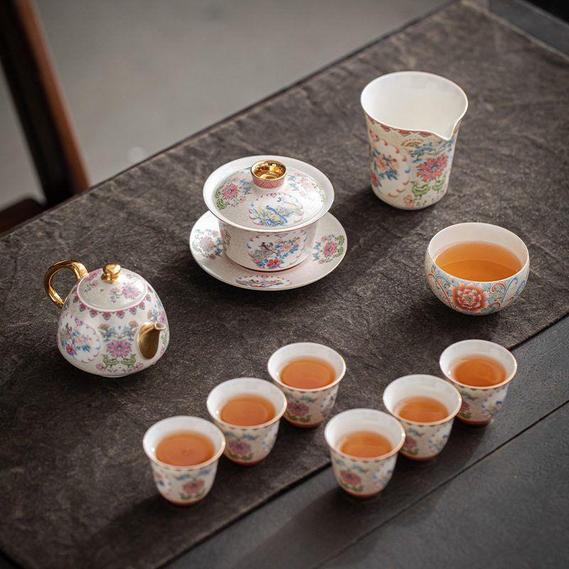 手工掐丝银功夫茶具套组花鸟图案国潮风珐瑯彩泡茶盖碗整套礼盒装