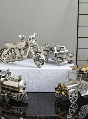 不锈钢哈雷摩托车吉普老爷车金属模型创意工业风合金轻奢银色摆件