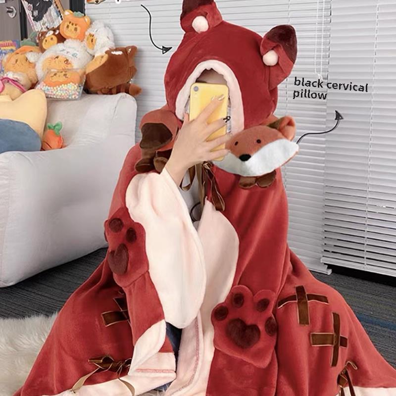 小狐狸睡衣毛毯斗篷女睡袍珊瑚绒空调毯春秋冬季披肩法兰绒家居服