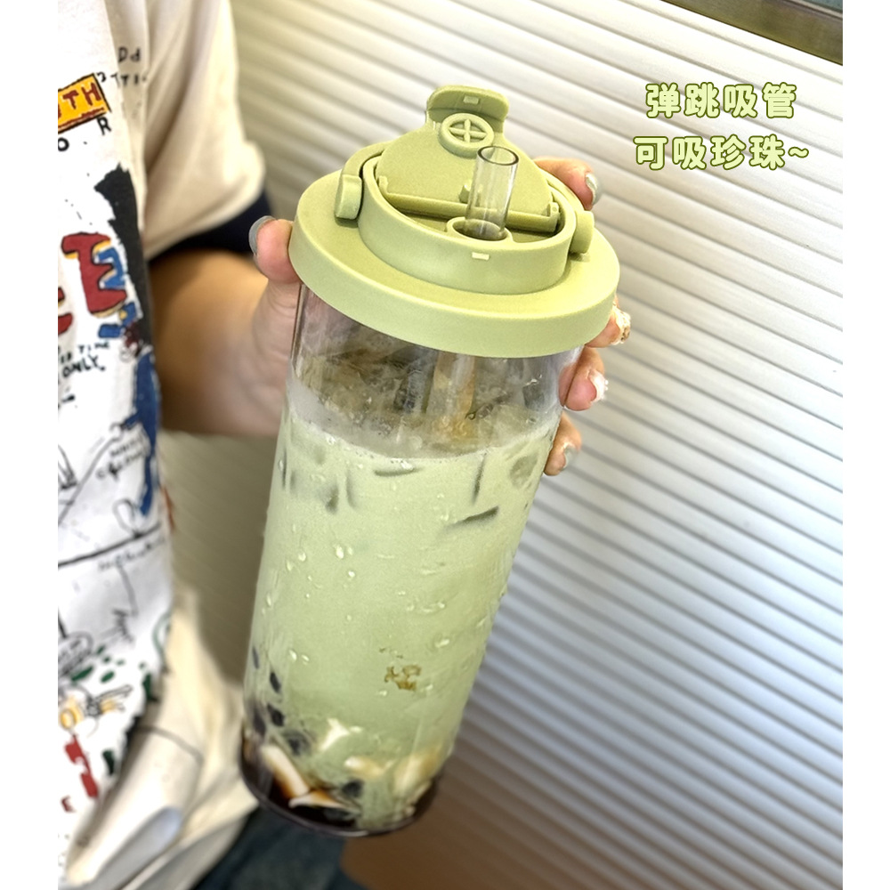 新款单层Tritan吸管杯大孔可吸珍珠奶茶杯提手伸缩吸管水杯