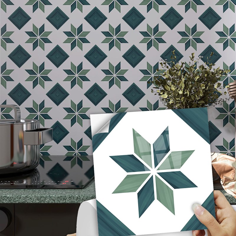 热销一套10片高亮水晶复古绿色花纹化妆室防水自黏贴纸厨房防油壁
