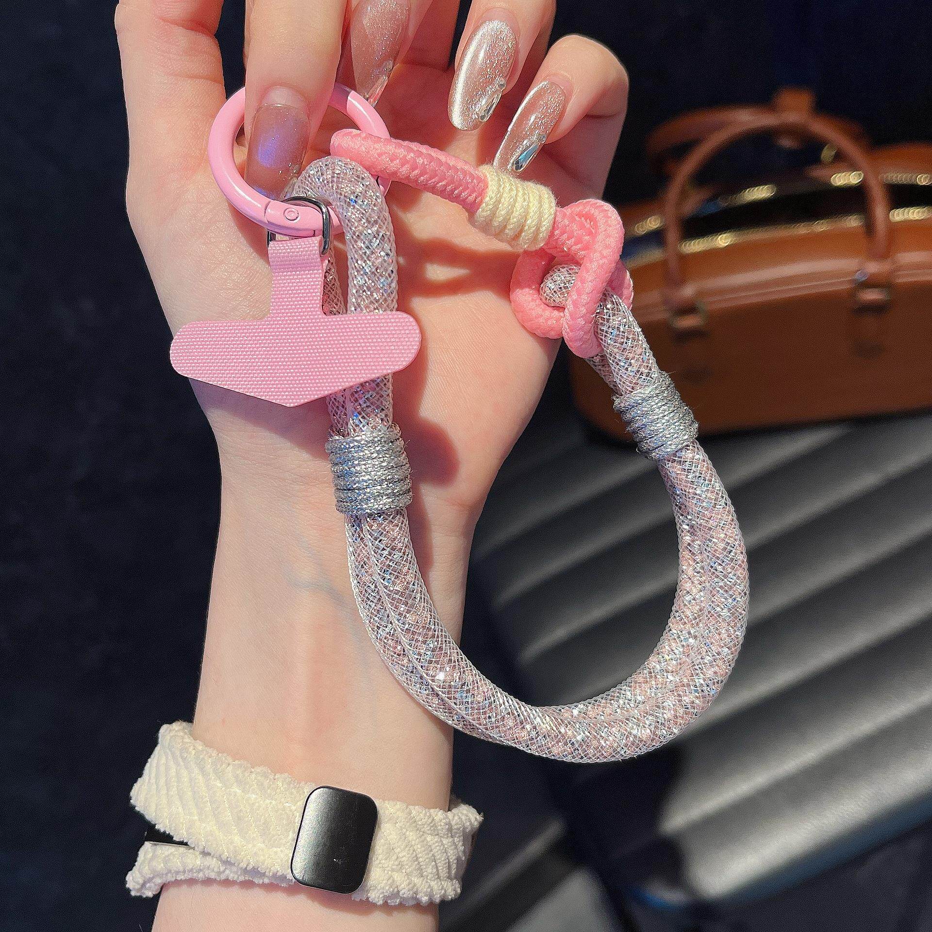 手机挂绳高级编织短款细闪钻网纱链条手腕式手提挂件钥匙挂链挂饰