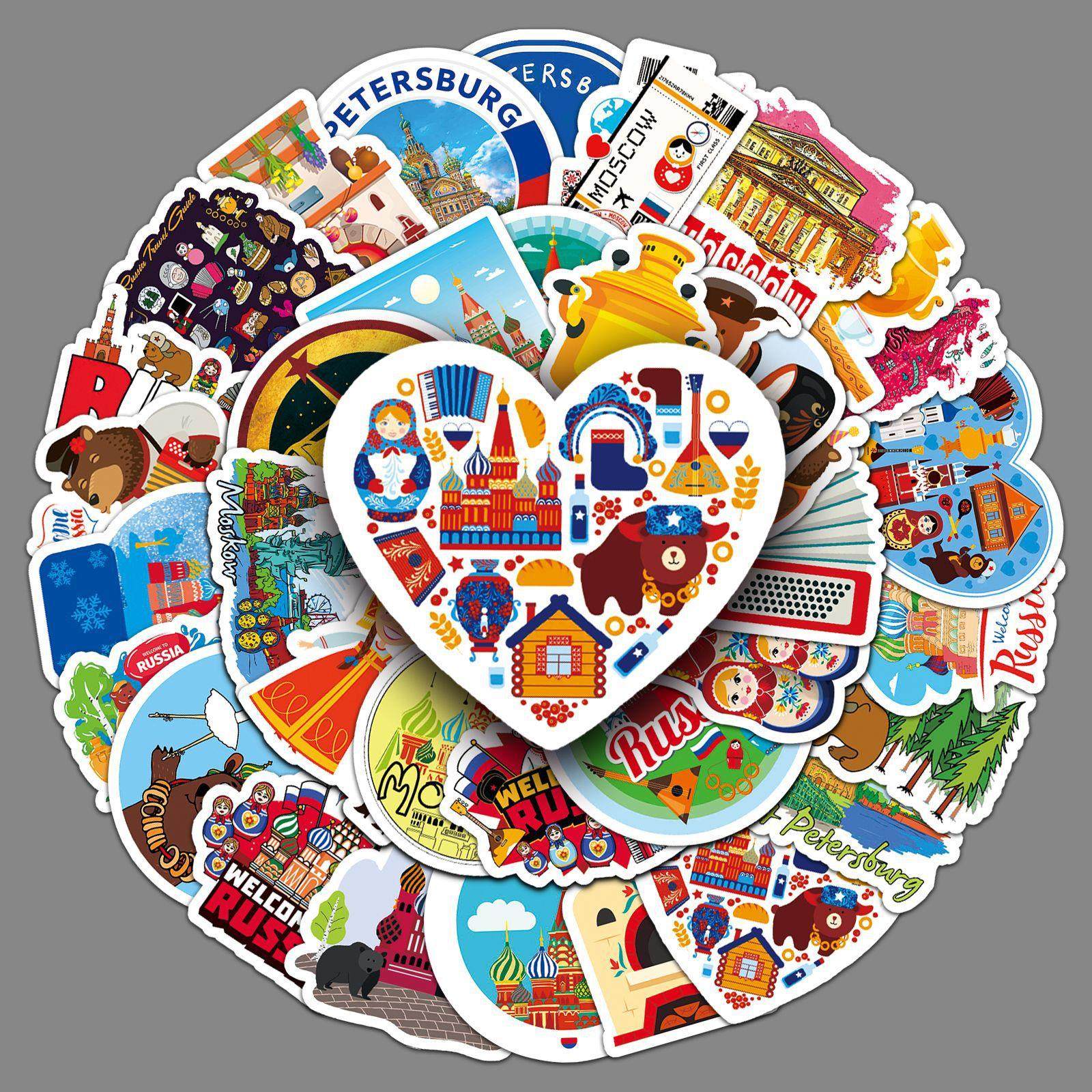 50张俄罗斯个性跨境卡通户外旅行风景装饰摩托车行李箱笔记本贴纸