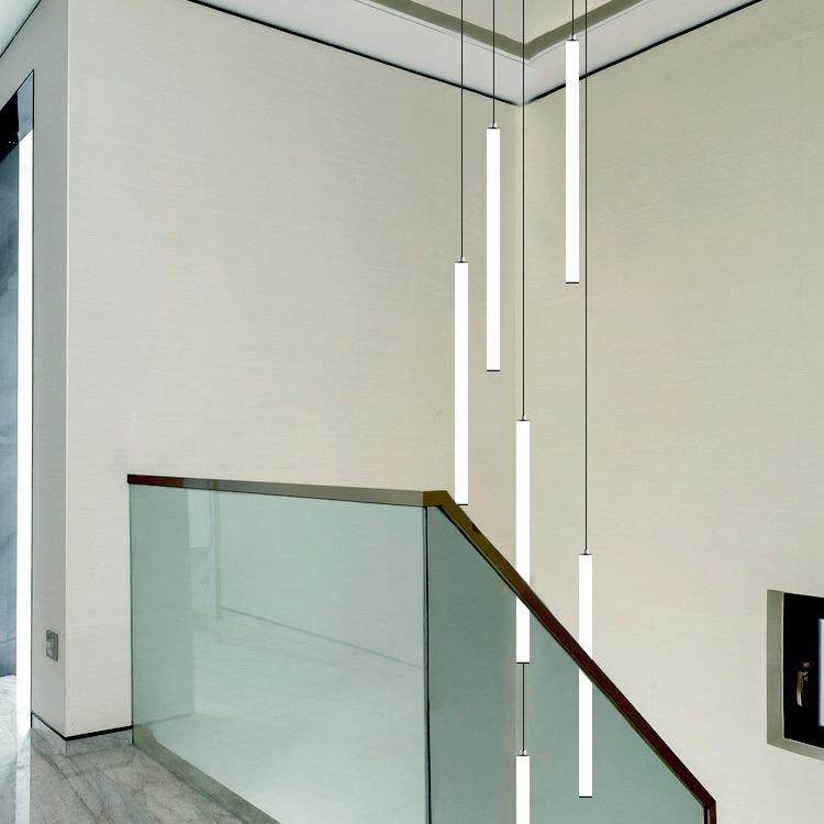 别墅loft复式楼楼梯大厅挑高跃层长吊灯现代简约圆柱设计前台灯具