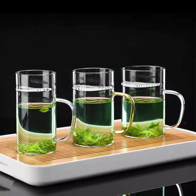 高硼硅耐热玻璃月牙杯自带过滤功能泡茶杯个人办公家用带把绿茶杯