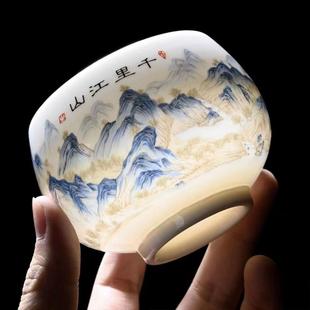包邮 羊脂玉 高档茶盏千里个人江山品茗专用主人茶杯大号白瓷古代
