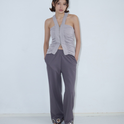 棉麻混纺金属钉眼针织阔腿长裤