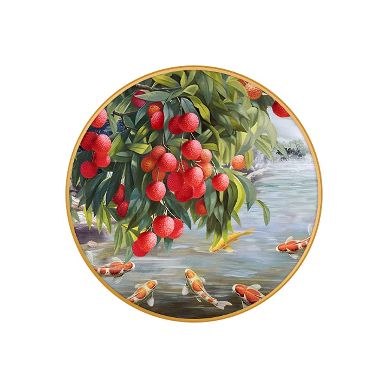 荔枝九鱼图玄关装饰画圆形新中式餐厅挂画鸿运当头高级感招财壁画图片