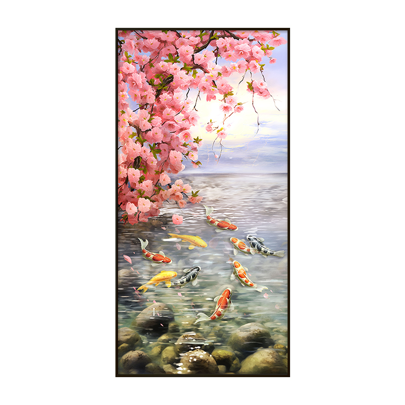 九鱼图玄关装饰画现代简约进门入户挂画大芬油画村纯手绘壁画竖版图片