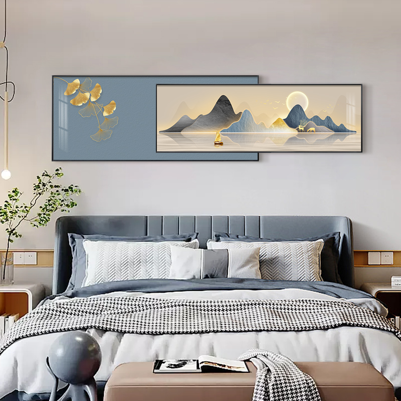 新中式客厅装饰画抽象山水画沙发背景墙壁画麋鹿叠加超大尺寸挂画图片