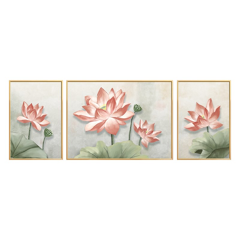 新中式荷花客厅装饰画现代轻奢沙发背景墙挂画高级感油画三联壁画图片