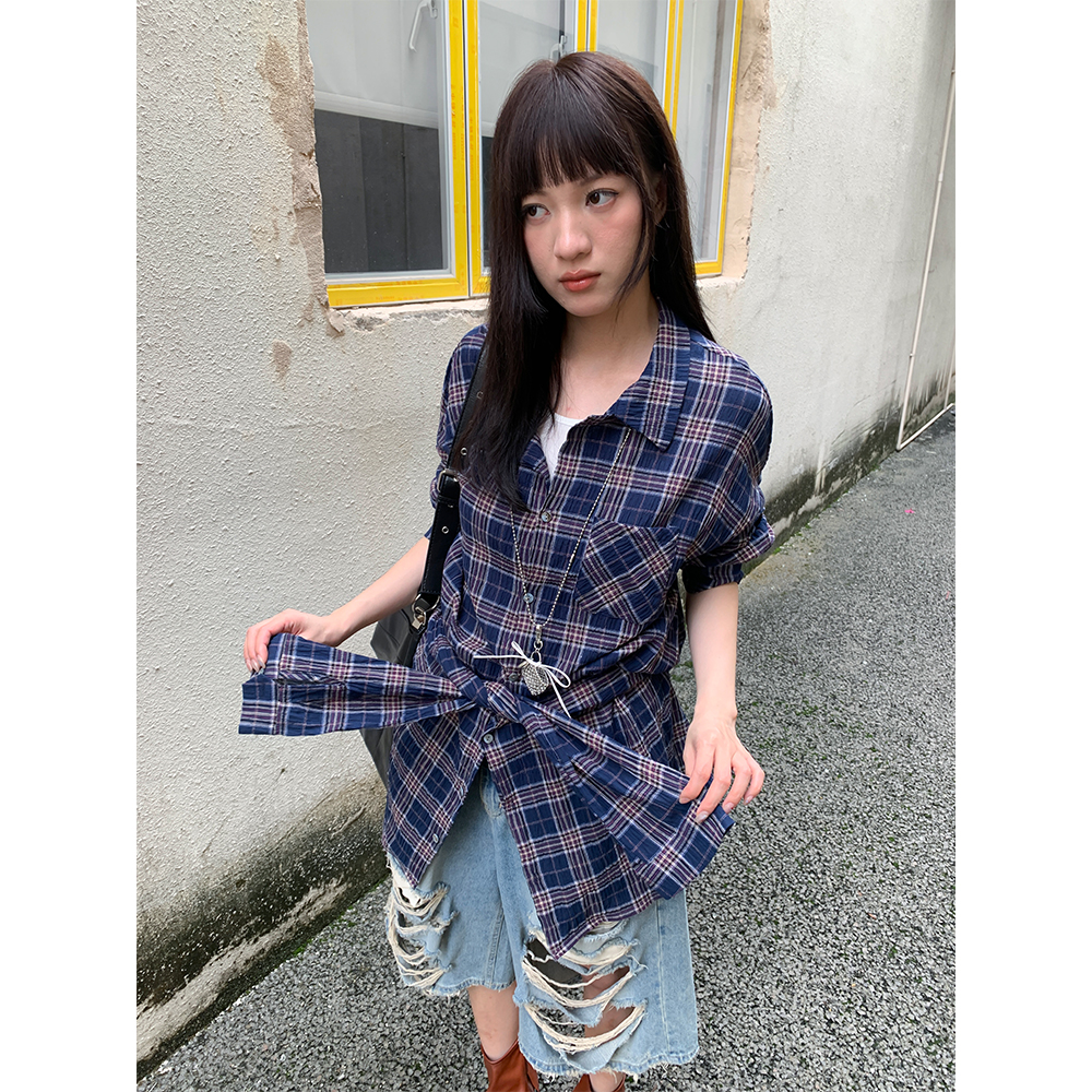 of32 official2025夏季新款设计感显瘦短袖韩系格子收腰衬衫女