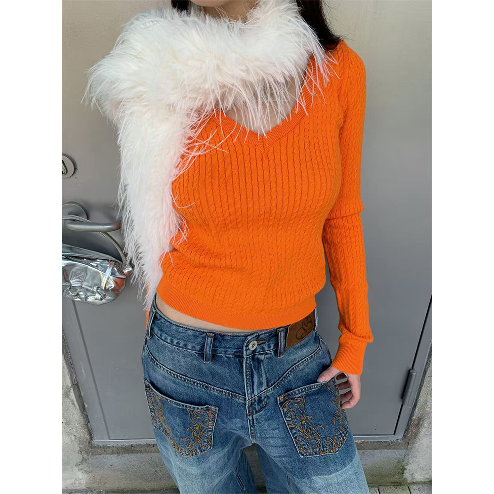 of32 official2025新款小个子设计感v领长袖女秋季修身显瘦上衣