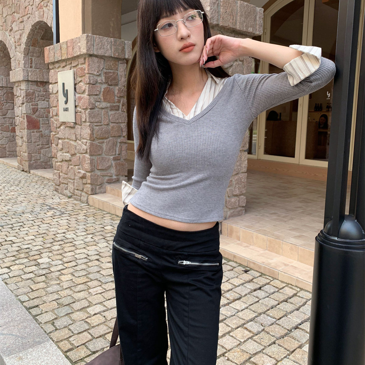 of32 official2025秋季新款时尚修身显瘦长袖女假两件辣妹装上衣