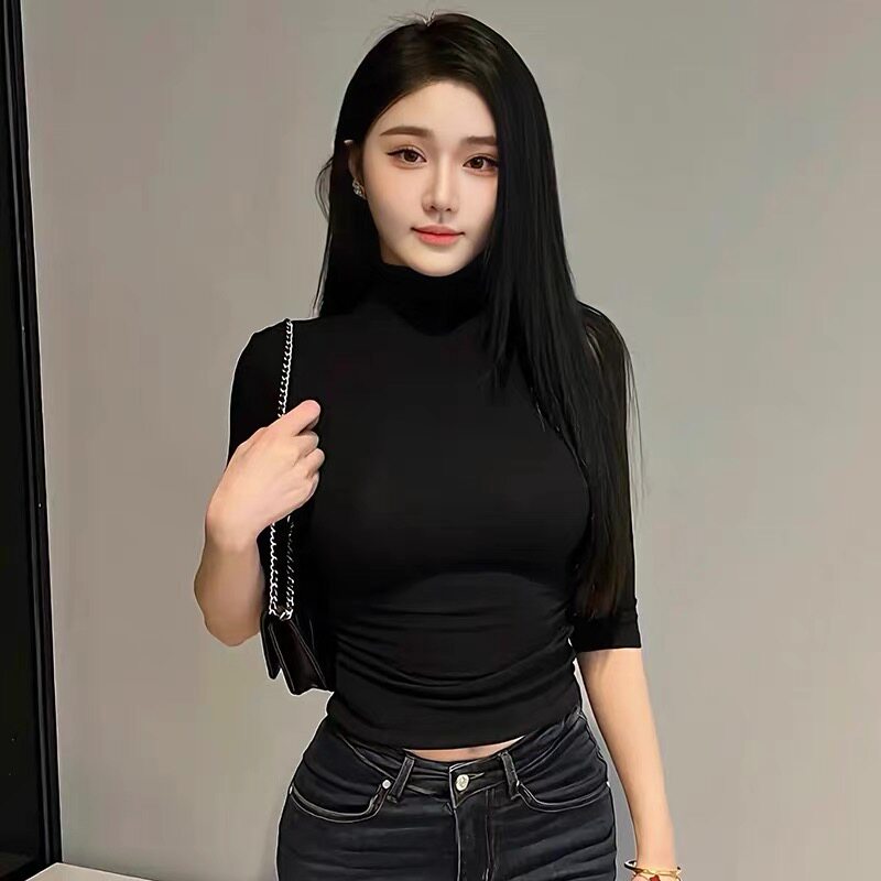可丝纯色系弹力棉七分袖9色半高领上衣女生修身秋季打底衫高弹力