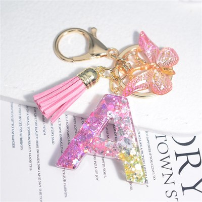 Cute Resin A-Z Initials Letter Keychain Pink Sparkle Butterf