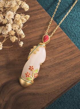 旗袍项链和田玉吊坠中国风女玉石配饰珐琅复古宫廷金镶玉旗开得胜