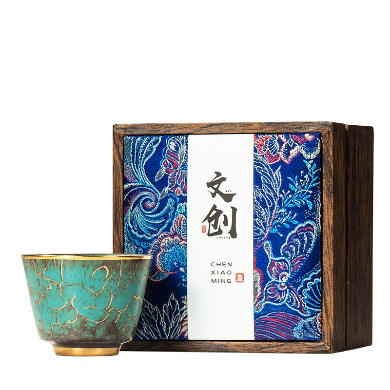常青釉描金描银茶杯高端品茗杯墨绿色缸杯单杯主人杯礼盒装茶具