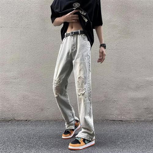 水洗做旧乞丐破洞牛仔裤小众设计感裤脚拉炼开叉直筒微喇叭裤高街