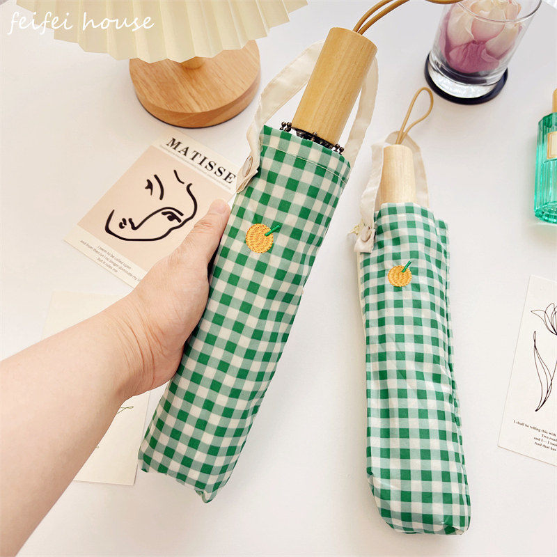 日系清新绿格子复古木柄三折叠手开两用晴雨伞可爱刺绣学生雨伞女