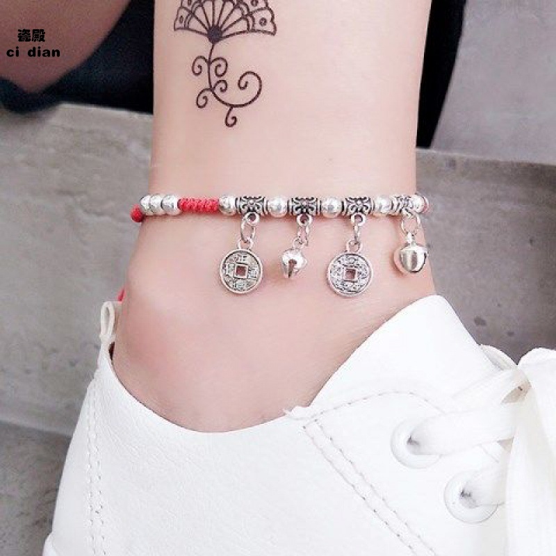 铃铛脚炼新款红绳手工编织带手錬有声音脚绳简约情侣男女学生闺蜜