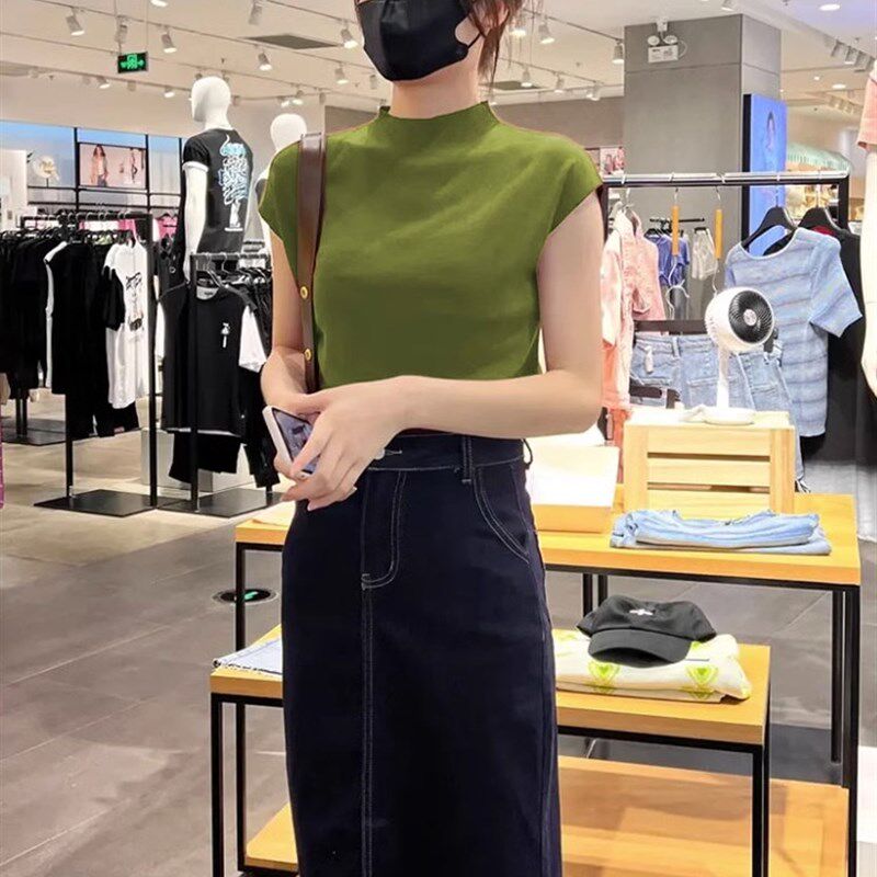 半高领针织短袖T恤女士2024T恤