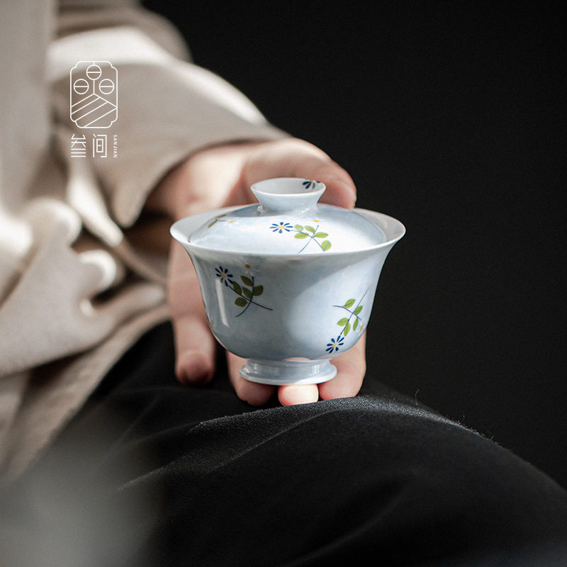 叁间手绘小雏菊陶瓷二才盖碗茶杯单个带盖防烫手泡茶器家用手抓碗