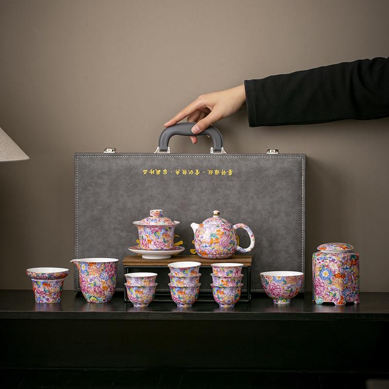 珐琅彩万花功夫茶具套装家用办公室泡茶壶盖碗茶杯轻奢高档礼盒装
