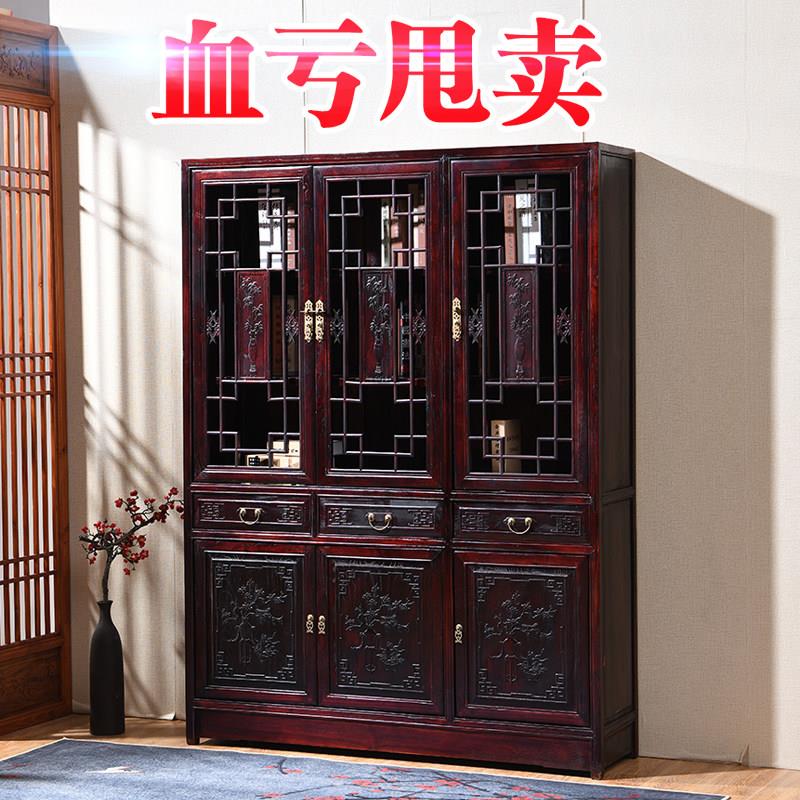 实木中式书柜三组合书橱展示柜收纳柜榆木书架书房办公陈列置物架