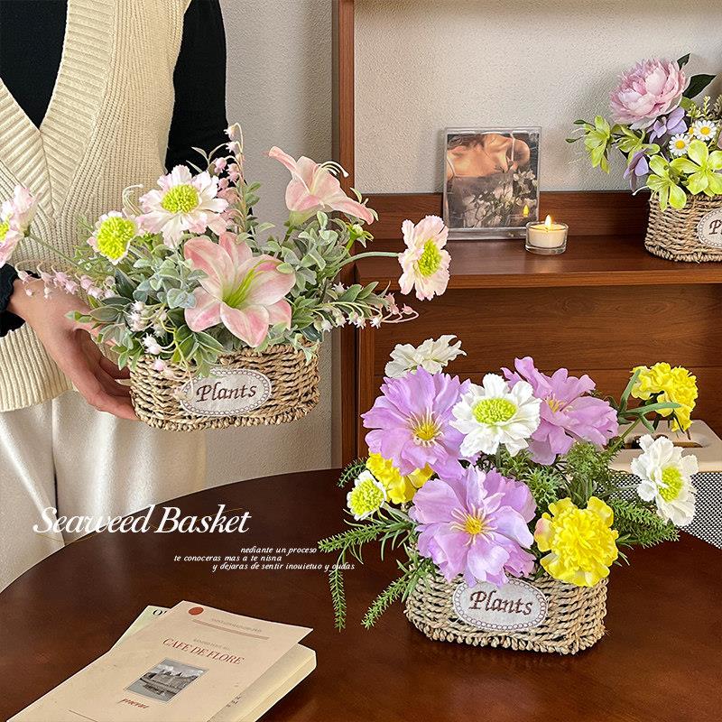 田园风玫瑰彷真花假花摆设客厅编织花篮摆件草编花盆插花装饰摆花