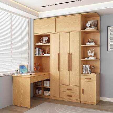 橡木衣柜带转角伸缩连身书桌柜7字小户型实木儿童L型电脑桌组合橱