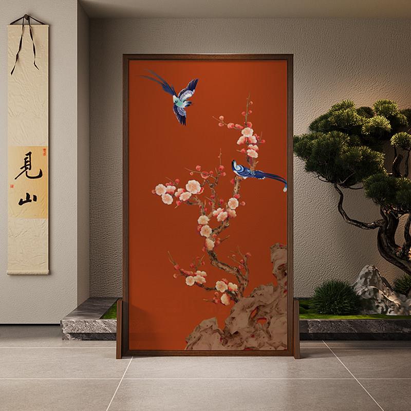 宋式美学新中式屏风隔断客厅玄关卧室茶室背景墙实木红色花鸟座屏