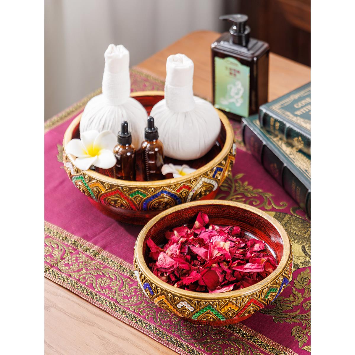 异域风圆形水果盘客厅家用茶几果盘贡品供盘乔迁供奉实木干果盘装