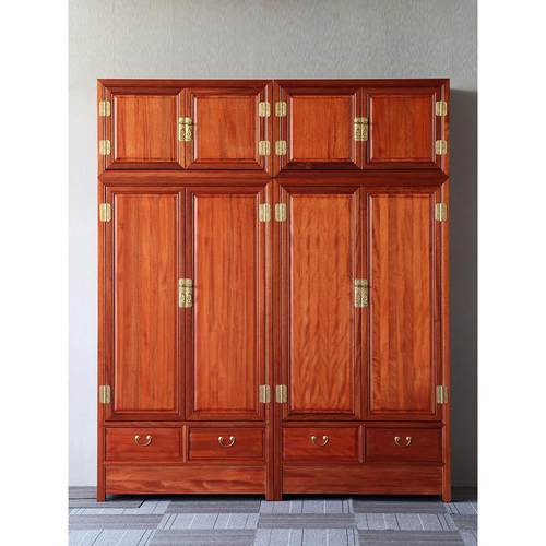 新中式实木大衣柜四门雕花衣帽收纳柜金紫檀双门三门四门顶箱柜