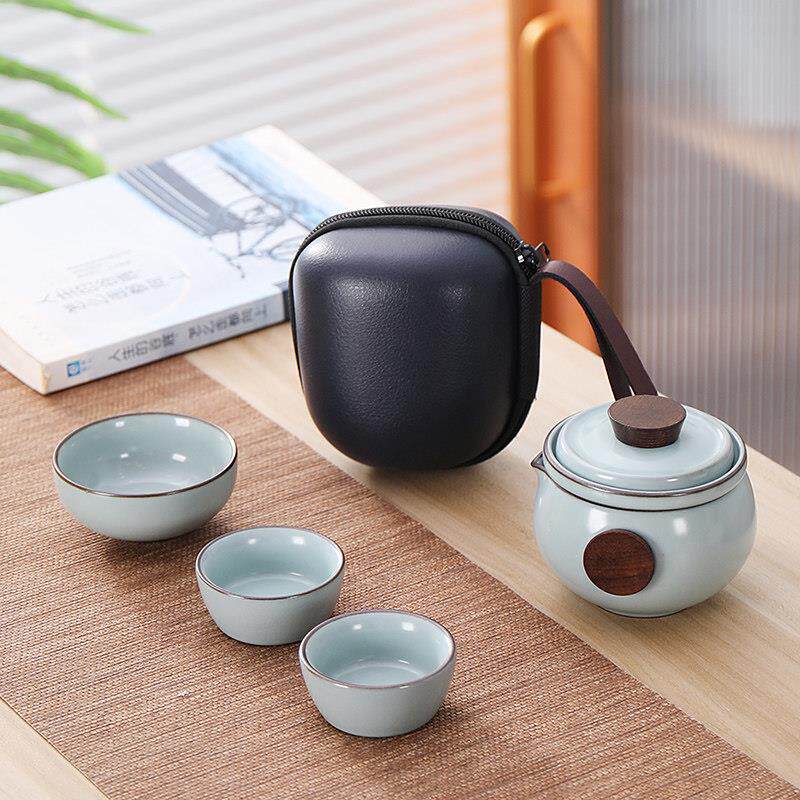 可携式茶具套组旅行快客杯一壶三杯户外携带包汝窑功夫茶具开片可