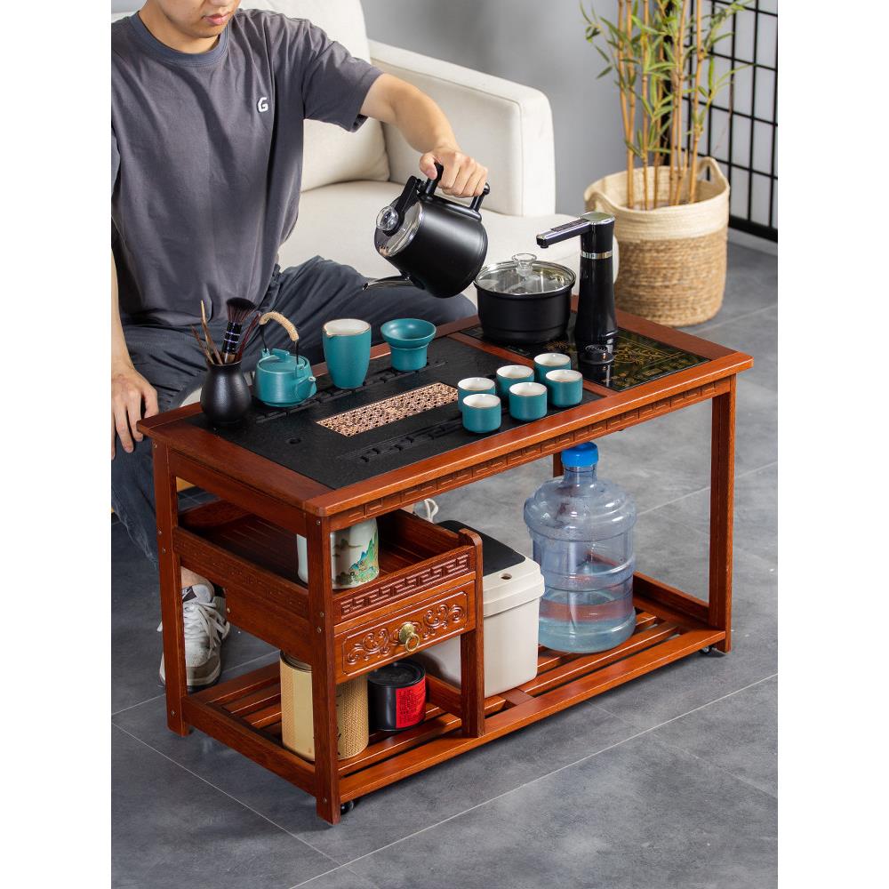 红檀实木移动茶桌茶台茶具套装家用简约中式茶车茶水柜烧水壶一体