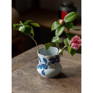 楚天遥 釉下青花手绘小花瓶粗陶陶瓷花器 覆古怀旧家居台面摆件