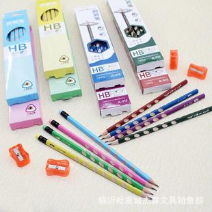 飞雁木质铅笔洞洞笔三角杆带卷笔刀 彩色沾头 皮头HB铅笔